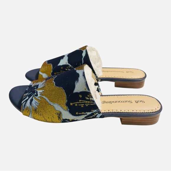 Soft Surroundings Priya Size 11 Brocade Fabric Slides Blue Gold - Picture 1 of 10